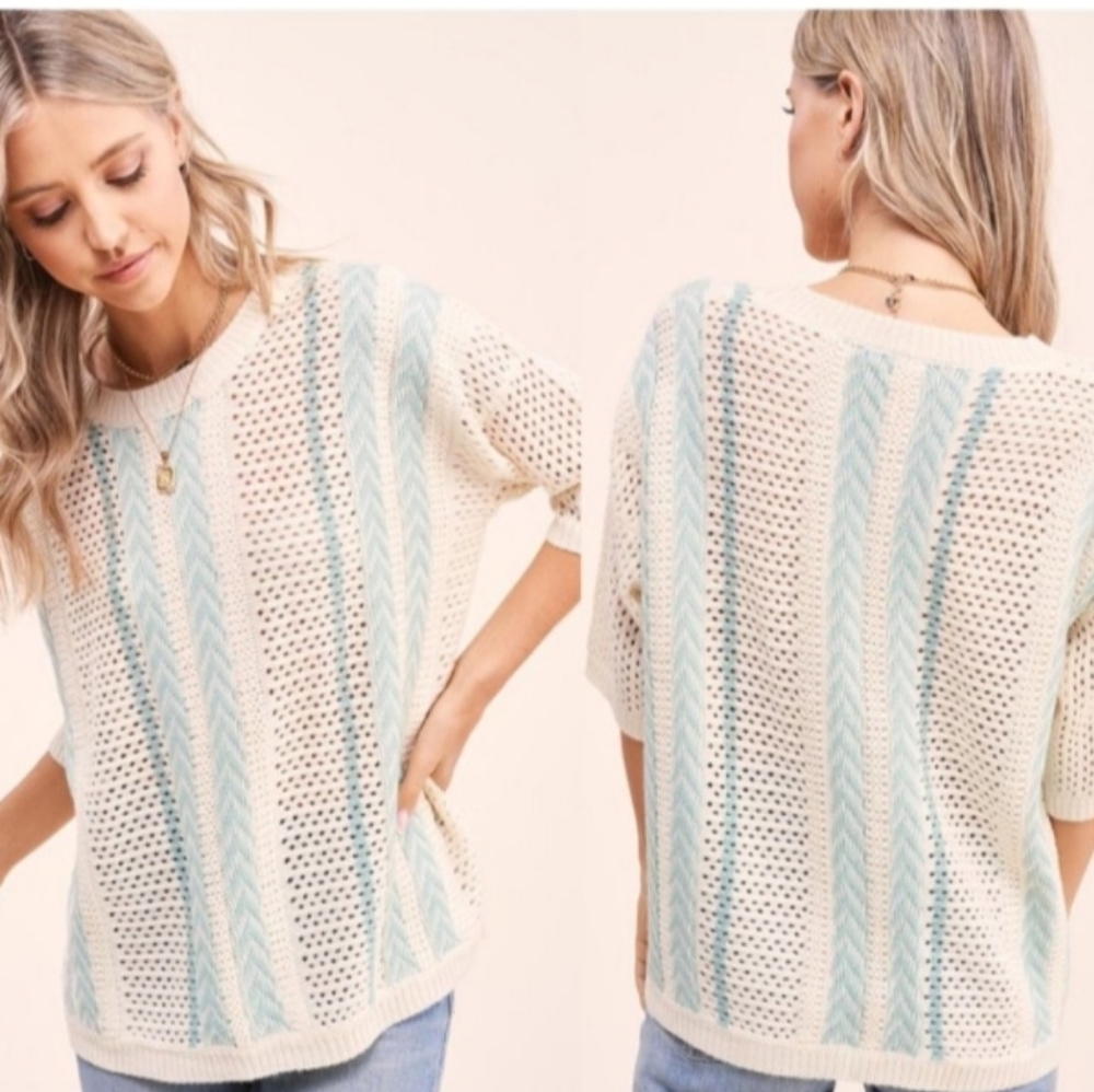 La Miel Coastal Knit Sweater Cream Blue Striped Oversized Lightweight Short Slee - Picture 7 of 8